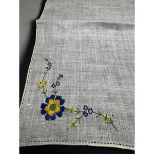 Vintage Blue And Yellow Flower Embroidered Handkerchief